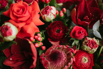 Beautiful red flowers: roses, ranunculus, protea, tulips, eucalyptus,   hypericum, amaryllis, close...