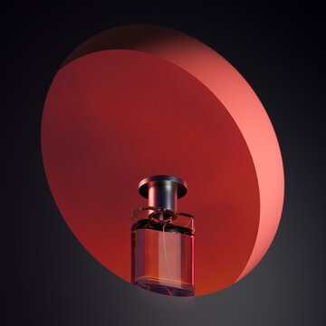 Stylish perfume bottle at the circle shelf in front of red clouds.