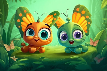 Two Butterfly Babies Sitting Together In A Green Garden Generative Ai Digital Illustration Part#170423
