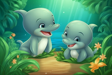 Two Dolphin Babies Sitting Together In A Green Garden Generative Ai Digital Illustration Part#170423