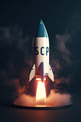 Launching into Success: 3D Rendering of Rocket Model Against Dark Background