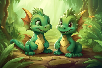 Two Dragon Babies Sitting Together In A Green Garden Generative Ai Digital Illustration Part#170423