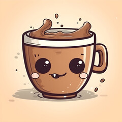 Cute kawaii coffee tea cup with cartoon character