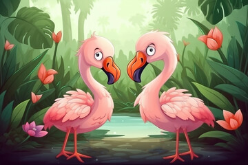 Two Flamingo Babies Sitting Together In A Green Garden Generative Ai Digital Illustration Part#170423