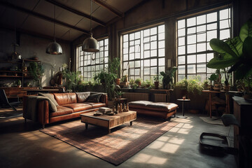Loft Industrial Living Room Interior with panoramic Windows. Leather Sofa and Home Plants. Evening light
