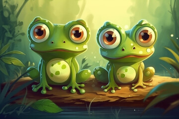 Two Frog Babies Sitting Together In A Green Garden Generative Ai Digital Illustration Part#170423