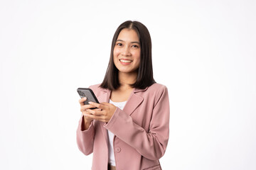 Happy Asian woman holding a smartphone and winning the prize.