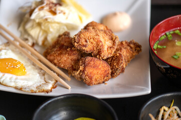 Traditional Japanese  deep fried in oil Chicken Karaage on a plate at a cafe in Japan