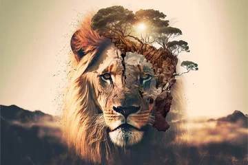 Fototapete Löwe Modern design male lion with double exposure background of african jungle and savanna landscape as concept of the natural adventure and majestic wildlife animal. Superb Generative AI.