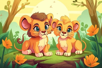 Two Lion Babies Sitting Together In A Green Garden Generative Ai Digital Illustration Part#170423