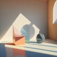 3d rendering of an interior of a room with beautiful minimalist sculptures