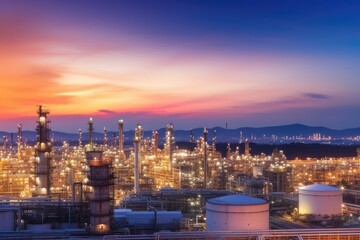 Fototapeta na wymiar Oil​ refinery​ with oil storage tank and petrochemical​ plant industrial background at twilight, oil and gas industry - Generative AI