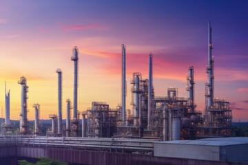 Fototapeta premium Oil​ refinery​ with oil storage tank and petrochemical​ plant industrial background at twilight, oil and gas industry - Generative AI