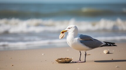 A beach scene with a seagull holding a clam in its beak. Generative AI