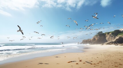 A beach scene with seagulls flying overhead. Generative AI