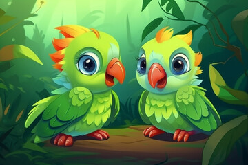 Two Parrot Babies Sitting Together In A Green Garden Generative Ai Digital Illustration Part#170423