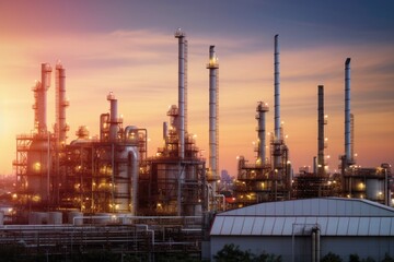 Obraz premium Oil​ refinery​ with oil storage tank and petrochemical​ plant industrial background at twilight, oil and gas industry - Generative AI