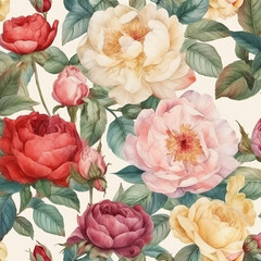 Watercolor style Pattern with large Peony flowers