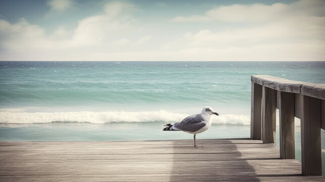 A beach scene with a seagull perched on a pier. Generative AI