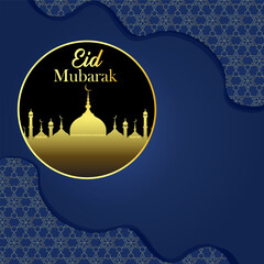 Ramadan Mubarak greeting card, banner with design, moon, mosque dome, and lanterns