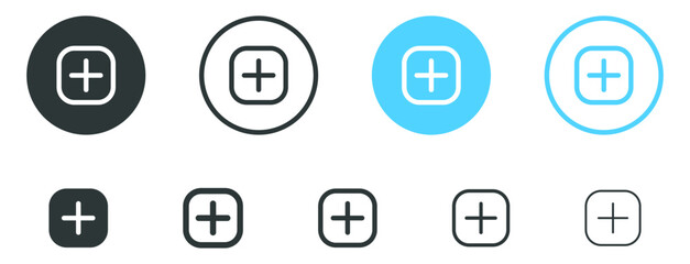 Add, new, plus icon symbol - create icons, more button in filled, thin line, outline and stroke style for apps and website