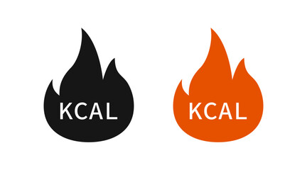 Kcal in the fire icon. Calorie burn symbol. Fitness signs. Diet symbols. Weight icons. Black, orange color. Vector sign.