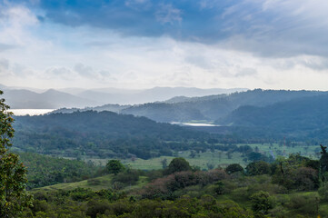A view from the slopes of the Arenal volcano towards the Arenal lake in Costa Rica in the dry season