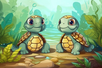 Two Sea Turtle Babies Sitting Together In A Green Garden Generative Ai Digital Illustration Part#170423