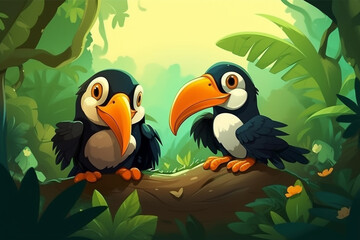 Plakat Two Toucan Babies Sitting Together In A Green Garden Generative Ai Digital Illustration Part#170423