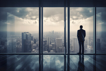 Fototapeta na wymiar Businessman looking megalopolis through window. Business concept. Generative AI
