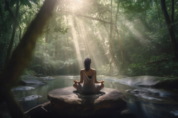 A woman is finding Inner Peace through Meditation in a Forest Sanctuary - created using Generative AI