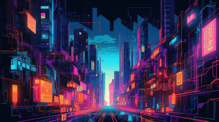 Fototapeta premium Nighttime lighting city road. Neon cyberpunk background. Futuristic radiance. Generative AI.