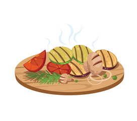 Concept Grill barbecue dish plate. The illustration features a flat vector design of a barbecue dish plate on a white background. Vector illustration.