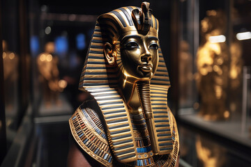 Fototapeta na wymiar Pharaoh Tutankhamen in a dark museum room. 