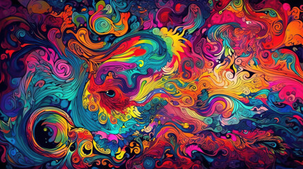 Spiritual, Surreal & Psychedelic illustration, Synthwave and retrowave background, Grainy landscape, futuristic design, wave music, 80s styled Surreal landscape. Generative AI.