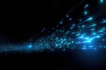 black blue tech futuristic background, light, abstract glowing rays with flickering particles, plasma clot of energy, lines, dots, science and technology, network, generative ai.