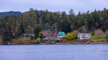 Fototapeta na wymiar Homes on the Pacific Ocean Coast. Nanaimo, Vancouver Island, British Columbia, Canada.