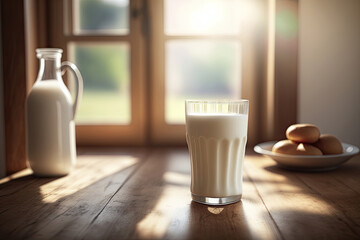 Fototapeta na wymiar Glass of milk on wooden table near the window, Generative AI