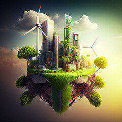 Illustration green energy sources in a modern city world