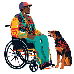 A man in a wheelchair, smiling and with his service dog by his side. Shows the closeness and relationship between humans and dogs. Graphic images in vibrant colors. 