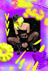 Contemporary digital collage art. Dj Party Girl. Clubbing fashion concept