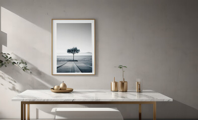 minimalist abstract marble table, empty picture frame, product presentation, living room, working desk