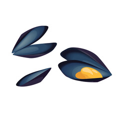 Concept Seafood mussels. This illustration is a flat, vector design depicting a plate of mussels on a white background. Vector illustration.