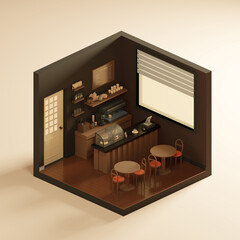 isometric interior of a coffee shop with equipment tables in the morning, 3d illustration