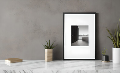 minimalist abstract marble table, empty picture frame, product presentation, living room, working desk