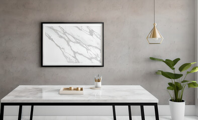 minimalist abstract marble table, empty picture frame, product presentation, living room, working desk