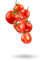 Small red cherry tomatoes floating on white background.