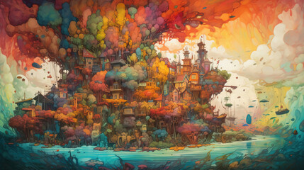 Obraz premium Surreal & Psychedelic illustration, 80s styled Surreal village landscape. Generative AI. 