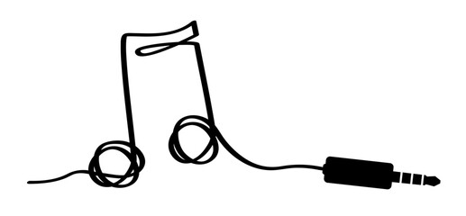 Cartoon music note plug icon. Musical note, sound line patern. Flat vector notes wave sign. Audio jack plug, 35 mm. Stereo audio cable. connect concept symbol