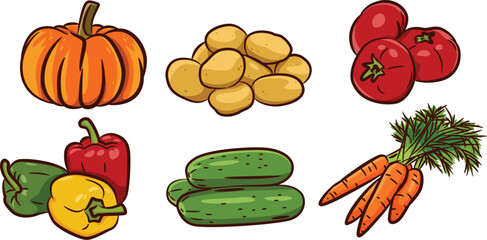 A set of fresh vegetables in the form of pumpkin, potatoes, carrots, tomatoes, sweet peppers and cucumbers. Isolated on a white background